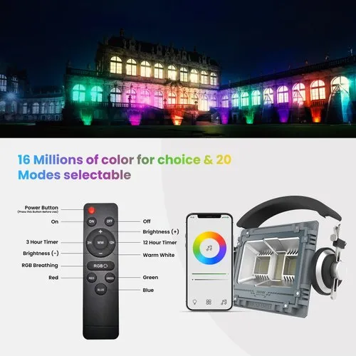60W Solar LED Waterproof Flood Light With RGB LED Bluetooth Music Rhythm For Home Outdoor Garden