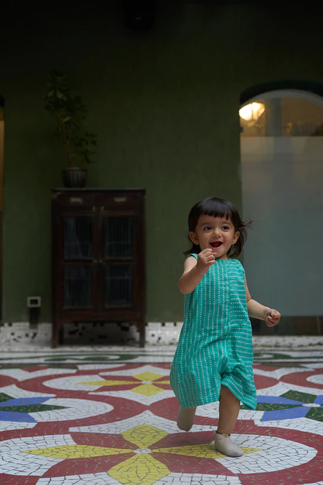 ‘Innocence’ kids jumpsuit in blue polka hand block print cotton for boys and girls