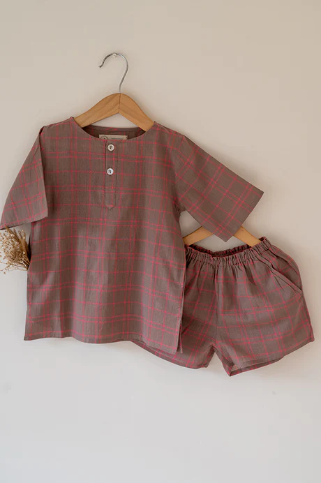 Kids 'Sleepover Party’ Kurta and Shorts Co-ord set in Warm Sand and Pink Checks