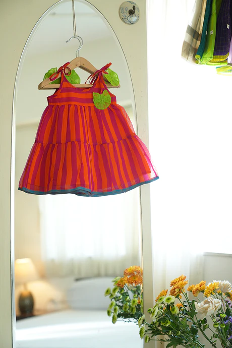 Palash Orange striped Sleeveless Infant Tiered Dress in handwoven cotton silk (0-12 months)