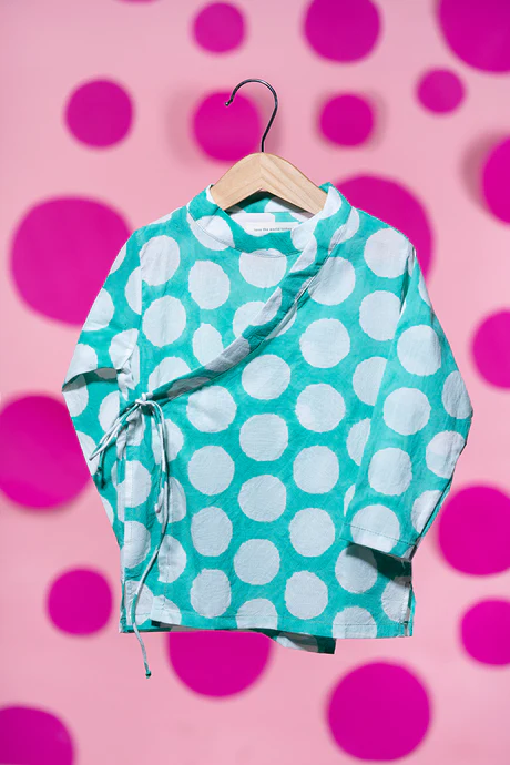 'Like a warm hug' unisex teal cotton angrakha kurta in hand block-printed polka