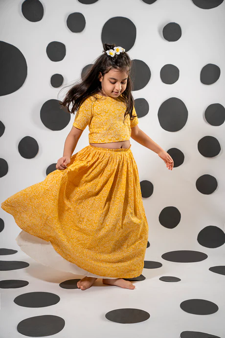 Set of 2 - 'From our memory box' yellow lehenga in cotton floral hand block print