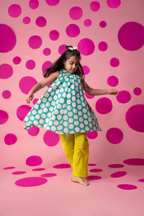 Set of 2 - ‘Kin’ Halter neck dress in teal hand block print polka and lime green cotton pajamas