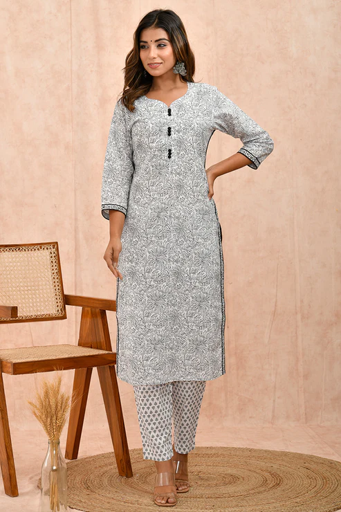 White and Black Organic Cotton Straight Kurta