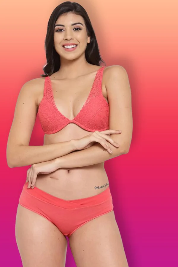 Organic Cotton Antimicrobial Underwired Plunge Bra &amp; Panty-ISBP107_IMP102-Bright Pink