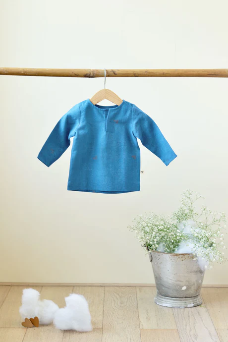 'Over the Moon' with Sleeves - Unisex Blue Handwoven Kurta (0-6 months)