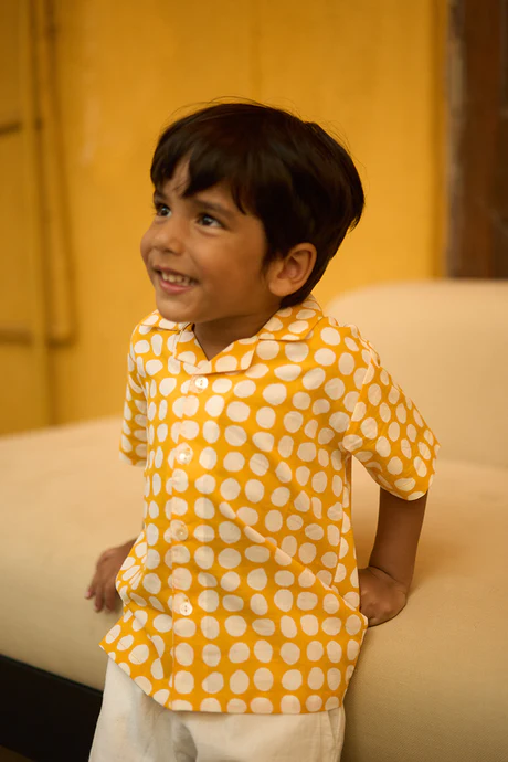 ‘Boogie’ kids half sleeve shirt in yellow polka hand block print cotton