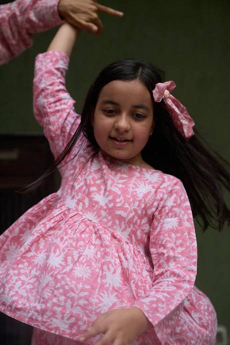 ‘Scent of flowers’ girls coord set in pink floral hand block print cotton