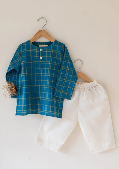 'I want to be like Grandpa' Kurta Pajama set in Navy Blue Checks