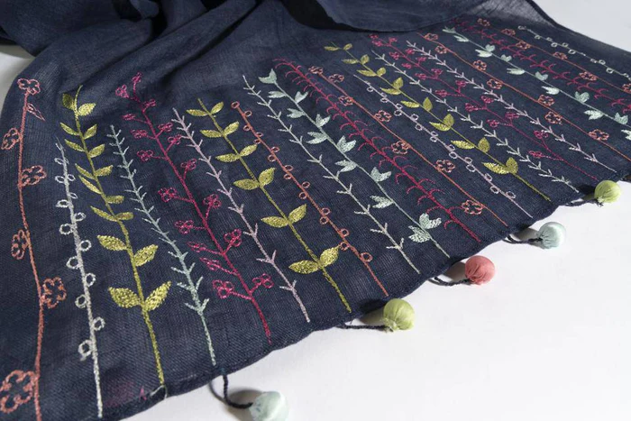 Navy Blue Linen Scarf With Multi Flower Embroidery &amp; Fancy Tassel