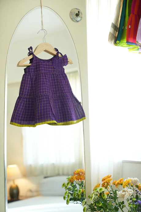 Lata Purple Sleeveless Infant Tiered Dress in handwoven cotton silk (0-12 months)