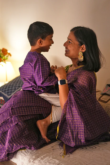 Lata boys ethnic wear kurta in purple handwoven cotton silk checks