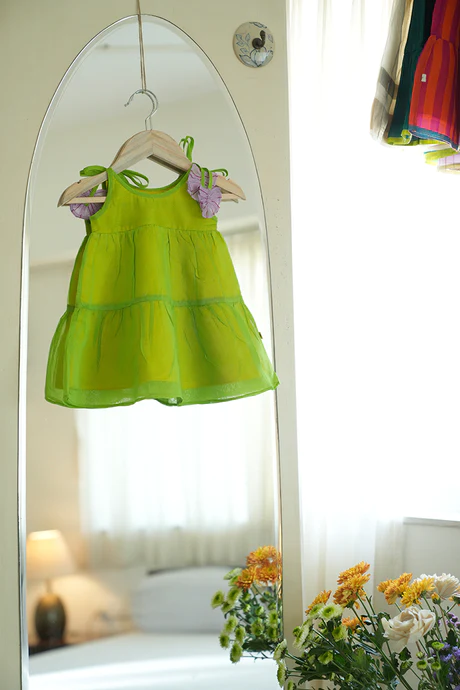Amaltas Lime Green Sleeveless Infant Tiered Dress in handwoven cotton silk (0-12 months)