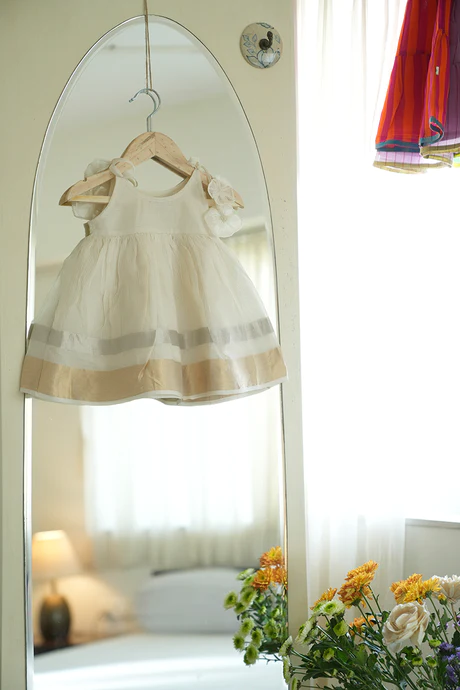 Gulbahar White Sleeveless Infant Tiered Dress in handwoven cotton silk (0-12 months)