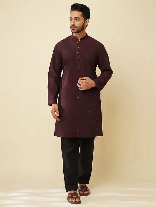 Wine Khadi Cotton Kurta