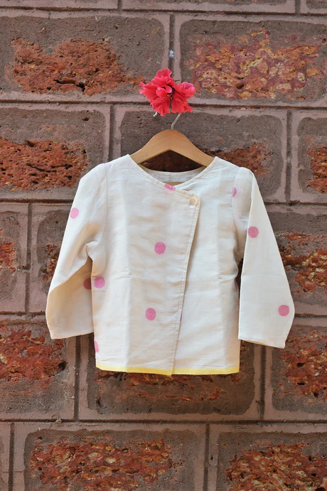 ‘Birdsong’ | Unisex reversible jacket in kora handwoven cotton and pink polka jamdani
