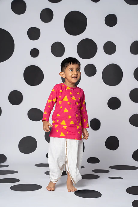 'Ghee shakar' unisex pink and yellow cotton kurta in hand block-print