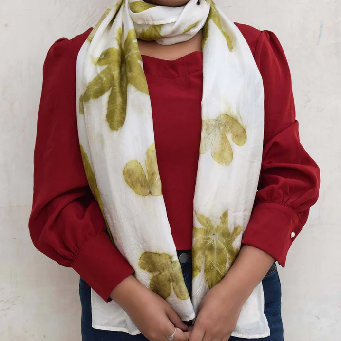 Eco-printed Silk Stole - White with Olive Green