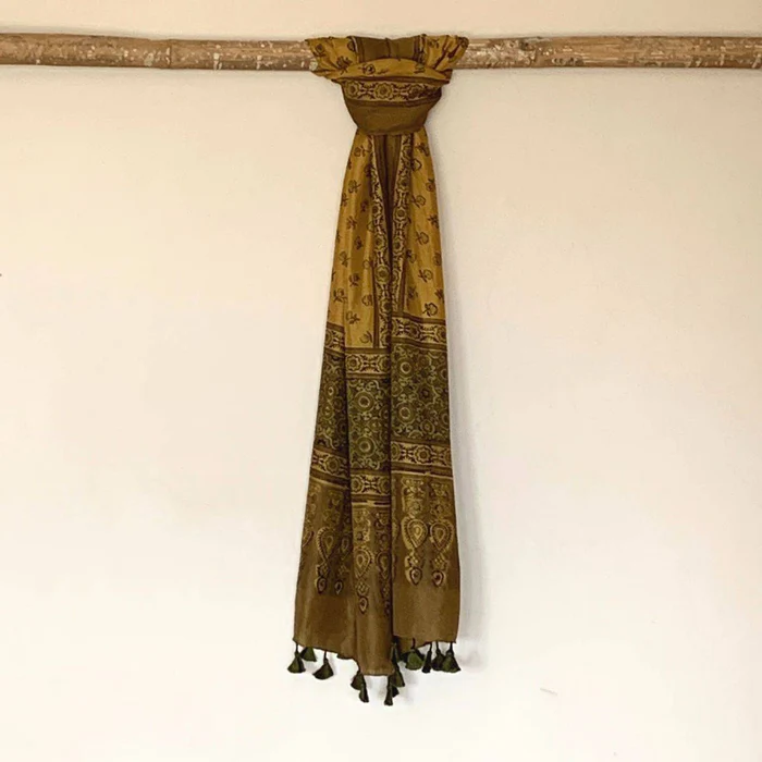 Boho Style Mulberry Silk Natural Indigo, Madder and Black Ajrakh Printed Stole