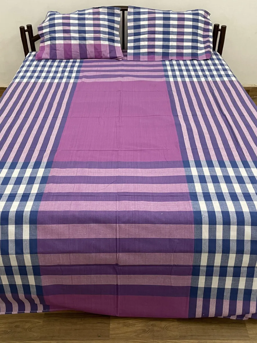 Handwoven Cotton Double Bedsheet with Pillow Covers- Purple, Blue and White stripes