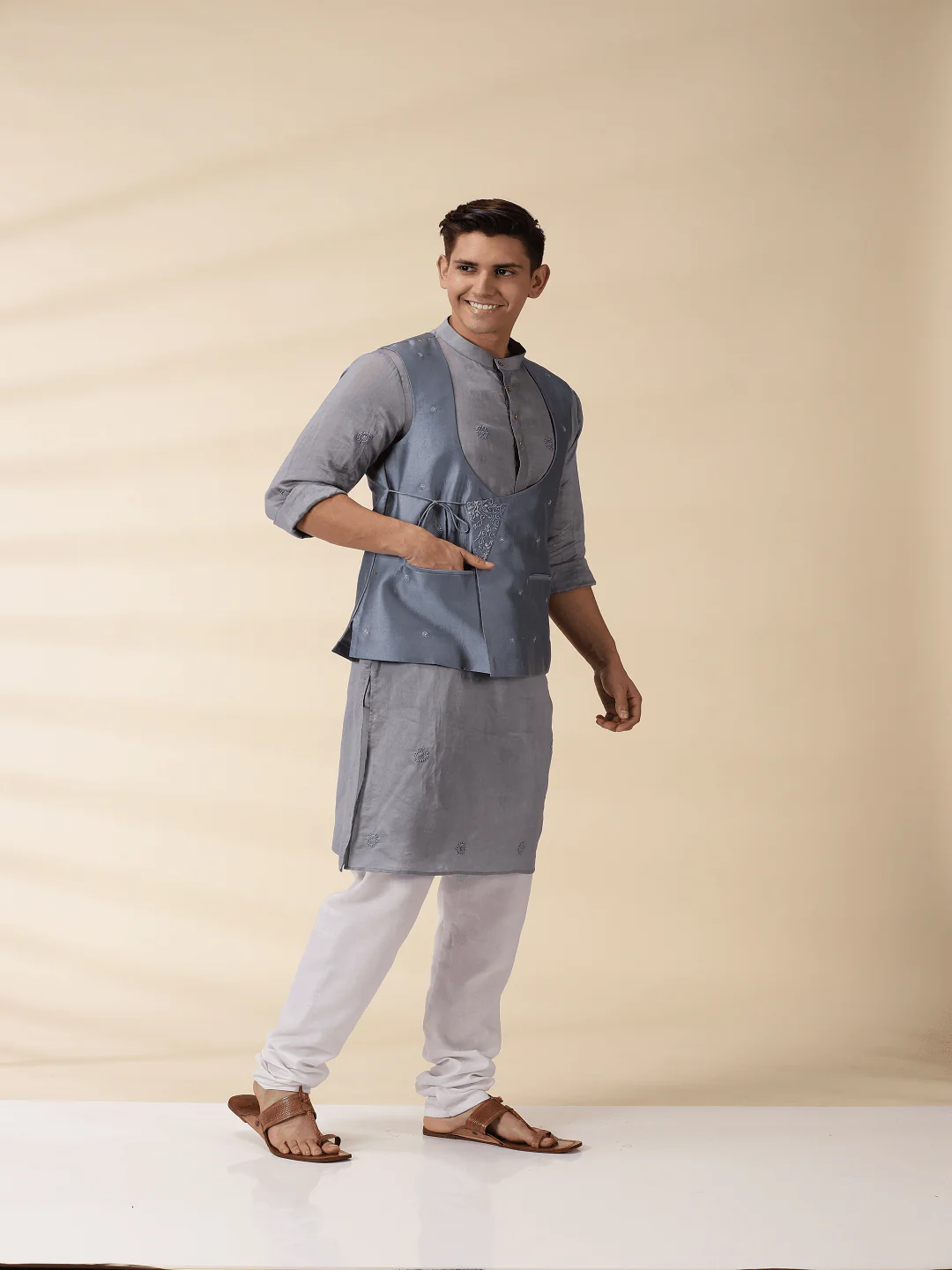 Grey Chanderi Men's Achkan Jacket &amp; Kurta Set