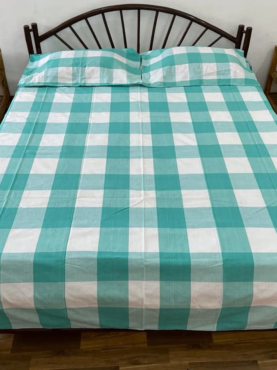 Handwoven Double Bed Cotton Bedsheet with Pillow Covers - White and Green