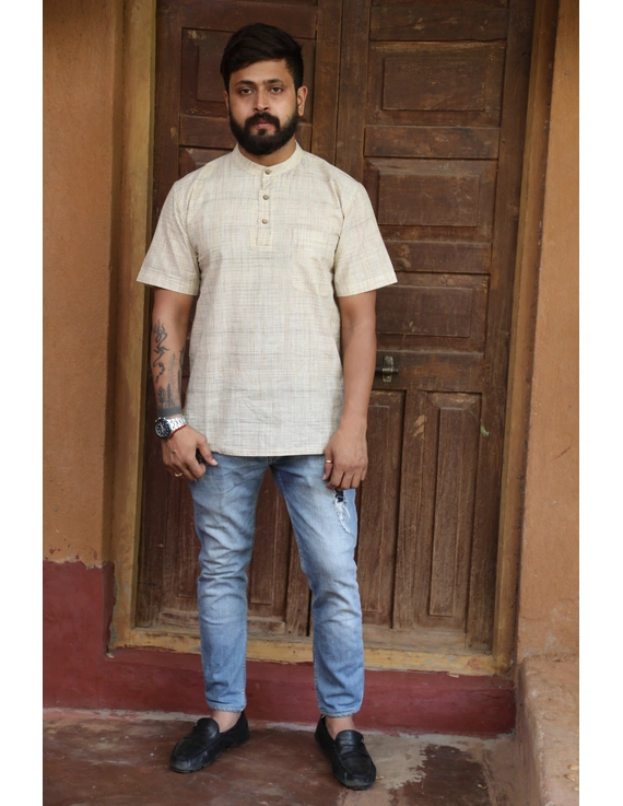Beige Handloom Cotton Short Kurta With Half Sleeves