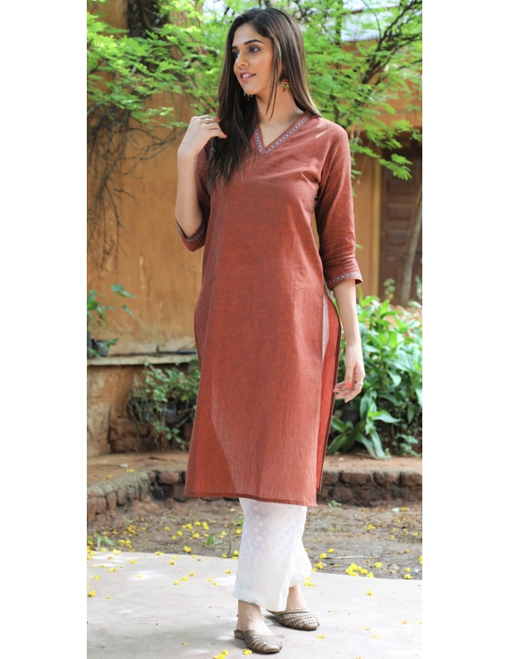 Brown Overlapped V Collar Kurta