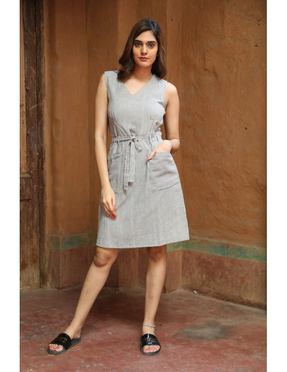 Knee length narrow striped dress in handloom cotton