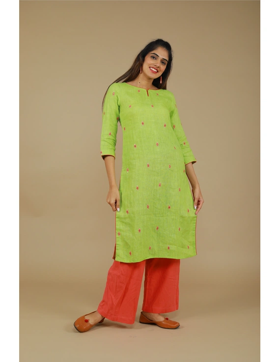 All over mirror embroidered kurta in green linen fabric