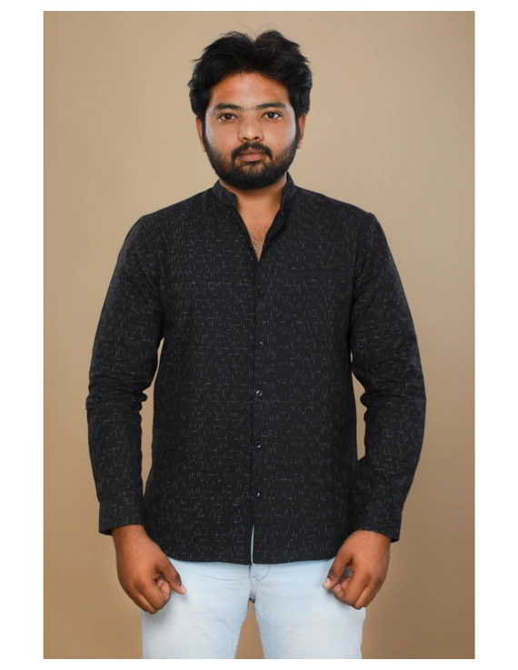 Black ikat mandarin collar full sleeves shirt for men