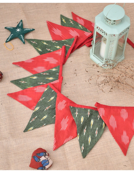Fabric christmas bunting in red and green ikat