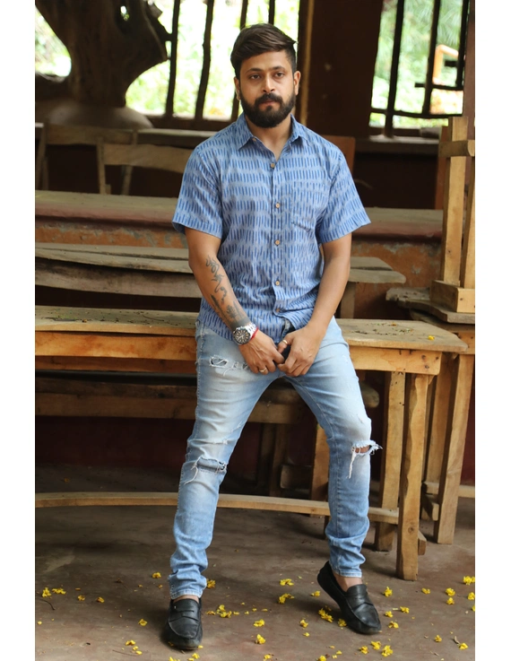 Royal Blue Casual Mens Shirt In Ikat Cotton