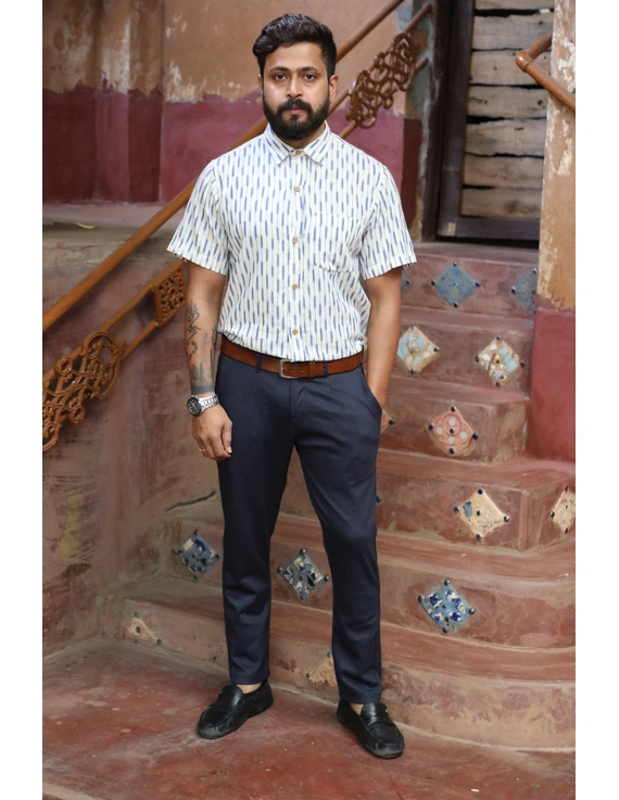 White and Blue Casual Mens Shirt in Ikkat Cotton