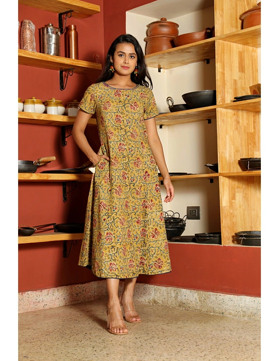 YELLOW KALAMKARI COTTON DRESS WITH SHORTSLEEVES