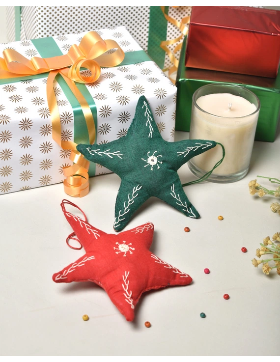 Hand embroidered star christmas decoration or Quilted fabric soft toy - set of two