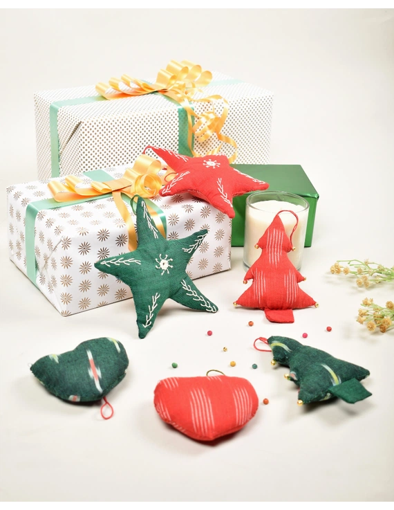 Christmas decorations set - stars, hearts, christmas trees - set of six assorted fabric toys