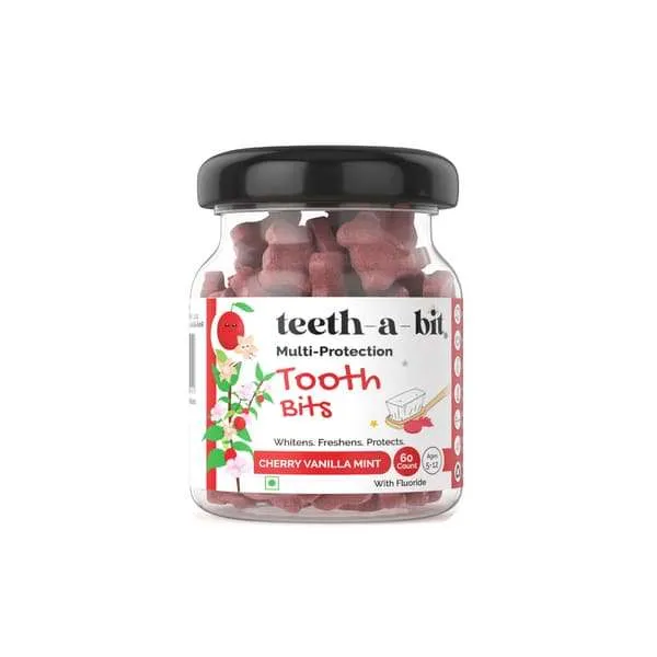 teeth-a-bit kids anti-cavity anti-plaque multi-protection pro enamel cherry vanilla mint tooth bits, eco-friendly, sls free, plant based kids (5-12 years) toothpaste tablets (1 pack, 60 count)