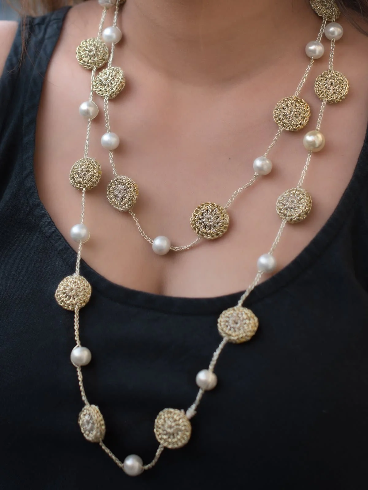 Handmade Nakshatra Pearl &amp; Coins Necklace Metallic Gold
