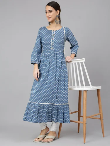 Janasya Women's Blue Cotton Ethnic Motifs Flared Kurta