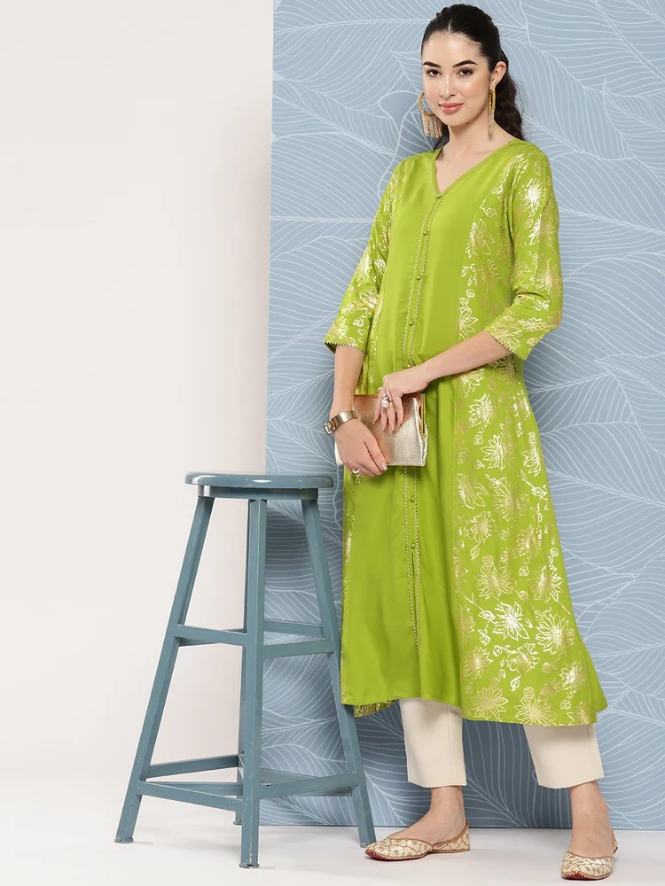 Janasya Women's Lime Green Rayon Foil Printed A-Line Kurta