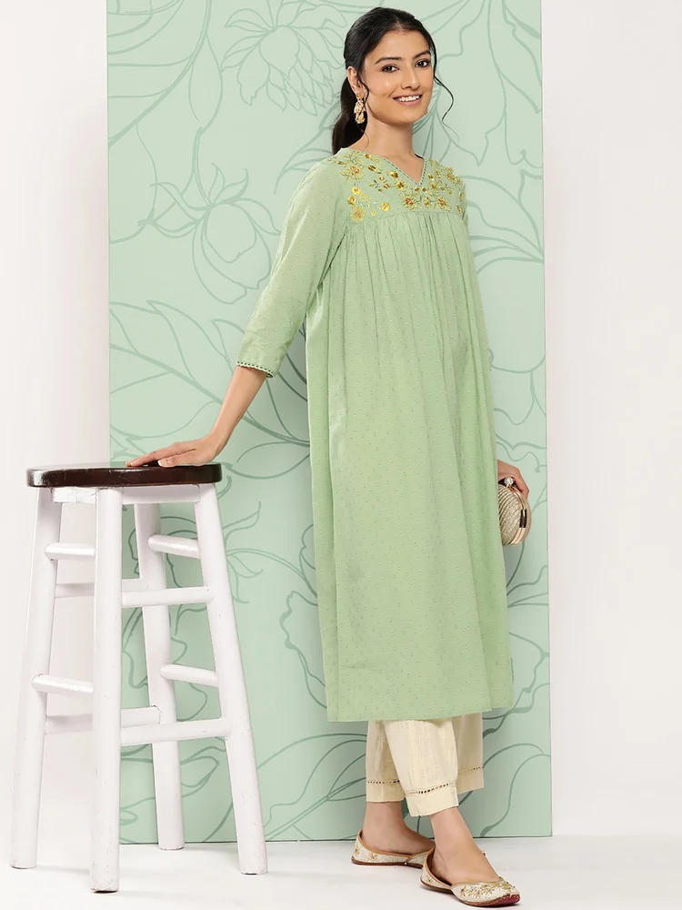 Janasya Women's Sage Green Dobby Cotton Solid Empire Kurta