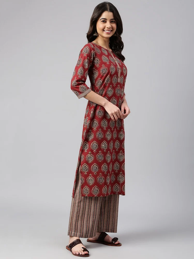 Janasya Women's Maroon Cotton Block Print Kurta with Palazzo