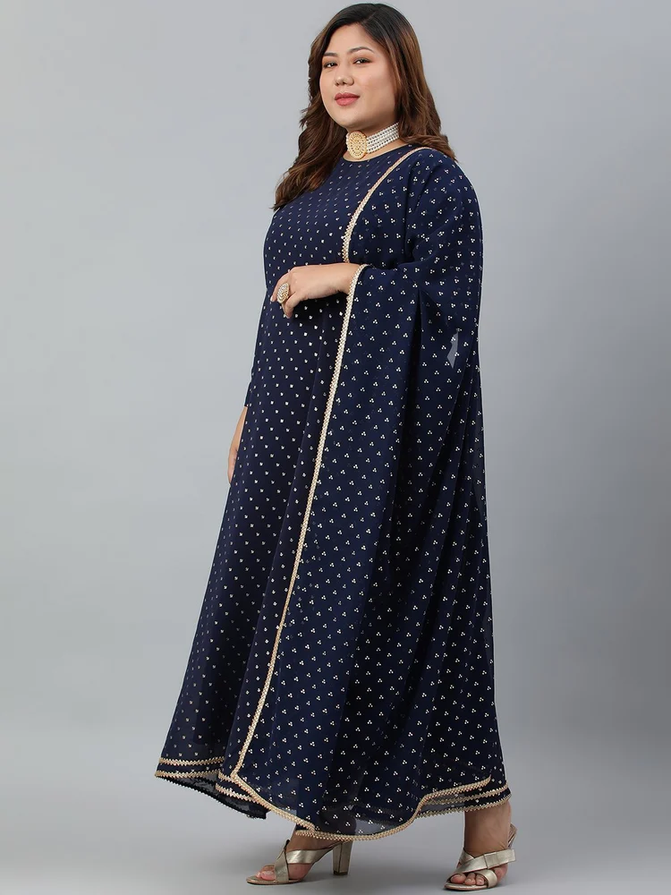 XL LOVE by Janasya Women's Plus Size Navy Blue Poly Georgette Kurta and Dupatta