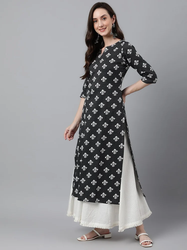 Janasya Women's Black Cotton Floral Print Straight Kurta