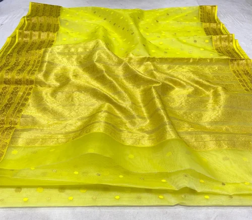 Weaving Handloom chanderi pure katan silk nakshi border saree, 6.3 m (with blouse piece)