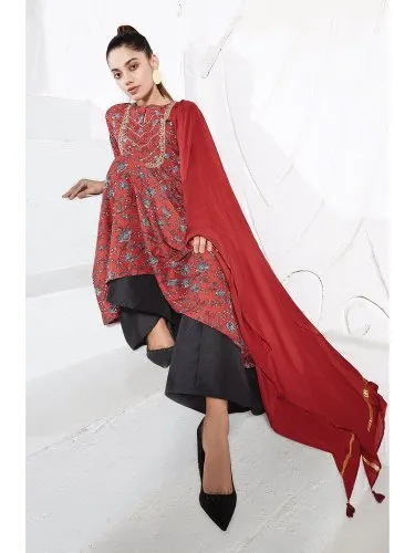 Janasya Women's Maroon Poly Muslin Kurta With Palazzo and Dupatta(J0233)