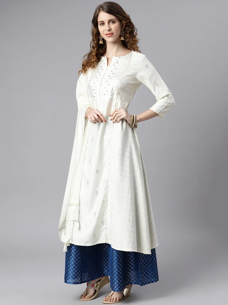 Janasya Women's Off- White Poly Silk Ethnic Motifs Kurta with Palazzo And Dupatta