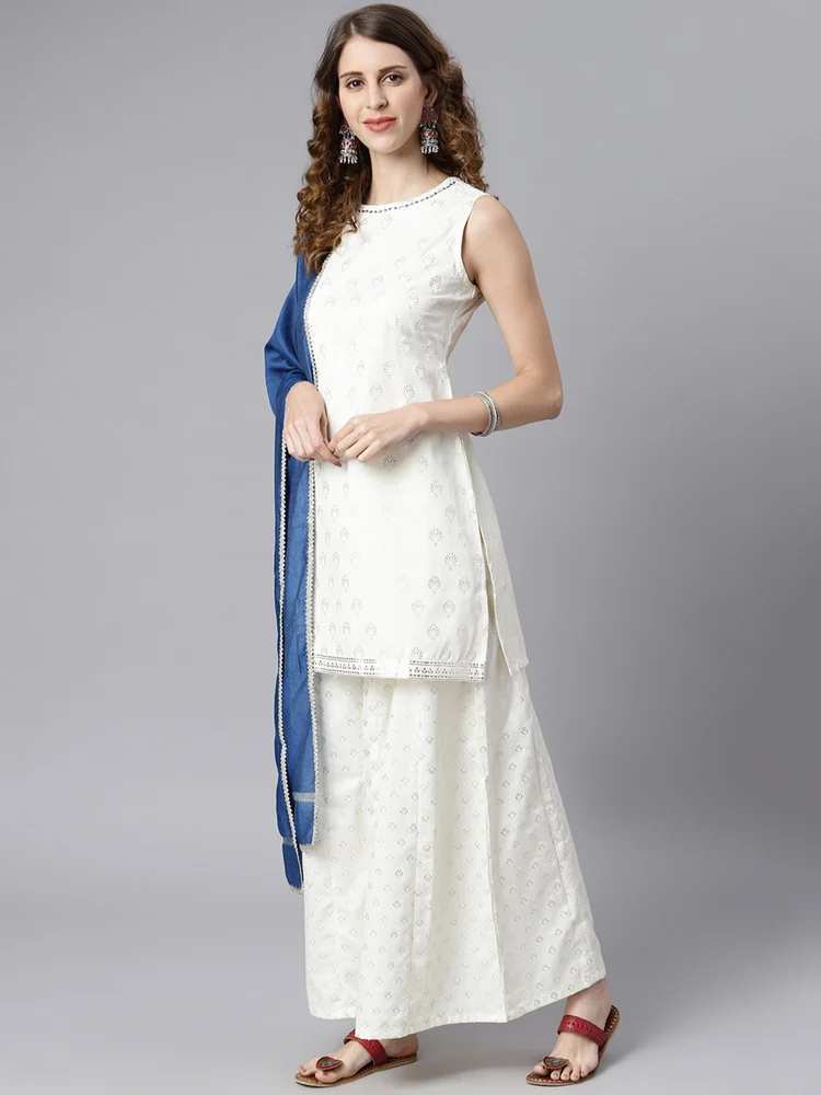 Janasya Women''s Off- White Poly Silk Ethnic Motifs Kurti with Palazzo and Dupatta