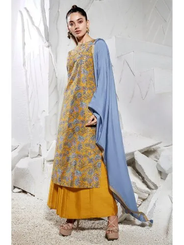 Janasya Women's Mustard Poly Muslin Kurta With Palazzo and Dupatta(J0234)